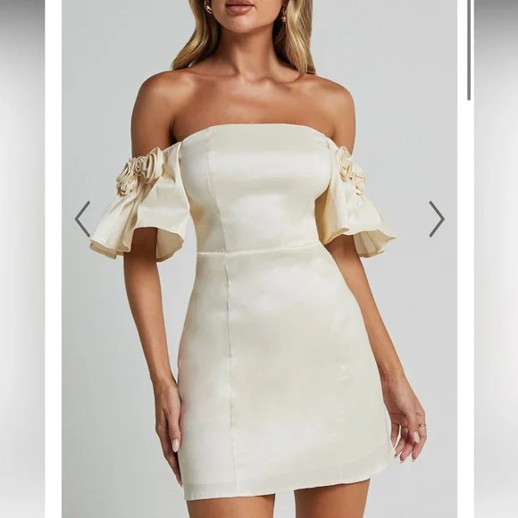 off the shoulder rosette mini dress Acler Trusley Off-The-Shoulder Rosette Satin Mini Dress